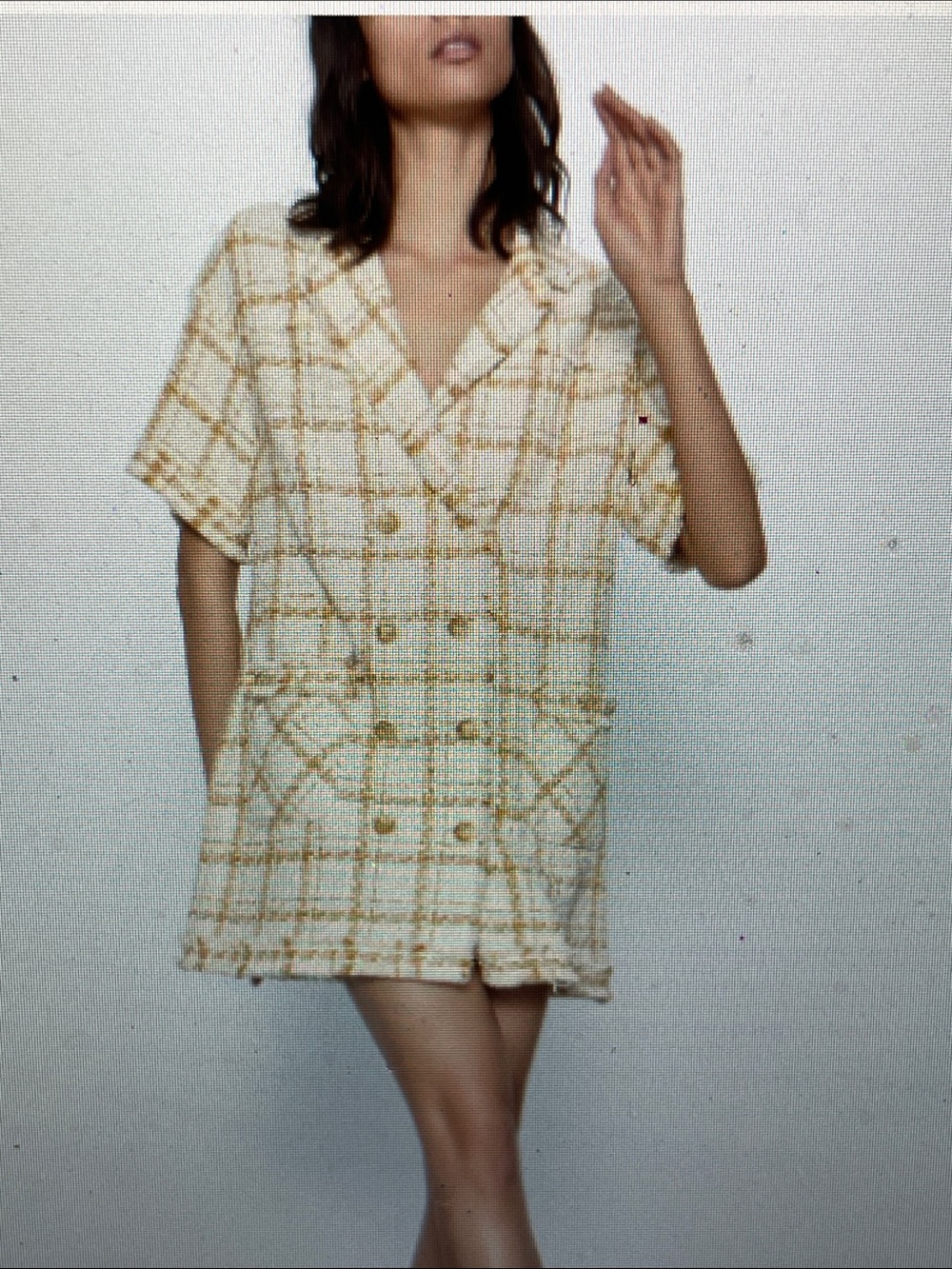 Zara tweed knit double breasted Plaid Short Sleeve Cream and Gold dress- new